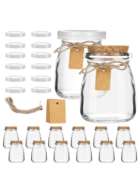 12Pack 7oz Small Glass Jars with Cork & PE Lids – Yogurt Containers, Pudding, Jam, Candy, Cake Jars, Empty with Tags & Twine for DIY & Gifts