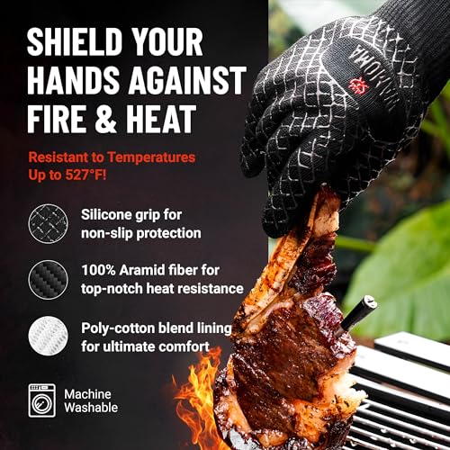 Wamoma Long Heat Resistant BBQ Gloves - 1472°F Heat Proof Internal Cotton Lining, Non-Slip Silicone Grilling Gloves for Meat Handling, Barbeque, Cooking, XL Oven Gloves with Long Sleeve - Image 2
