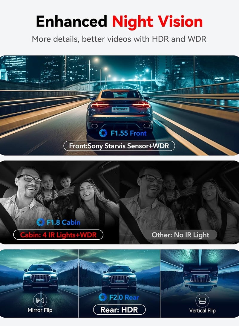 كاميرا DASH 4K واي فاي أمامية وخلفية, 2160P + 1080P + 1080P FHD, كاميرا ثلاثية القنوات للسيارات, كاميرا 360° لجميع الجهات, بطاقة SD بسعة 128 جيجابايت مجانية, مستشعر G, WDR, رؤية ليلية, مراقبة مواقف السيارات على مدار 24 ساعة. - Image 5