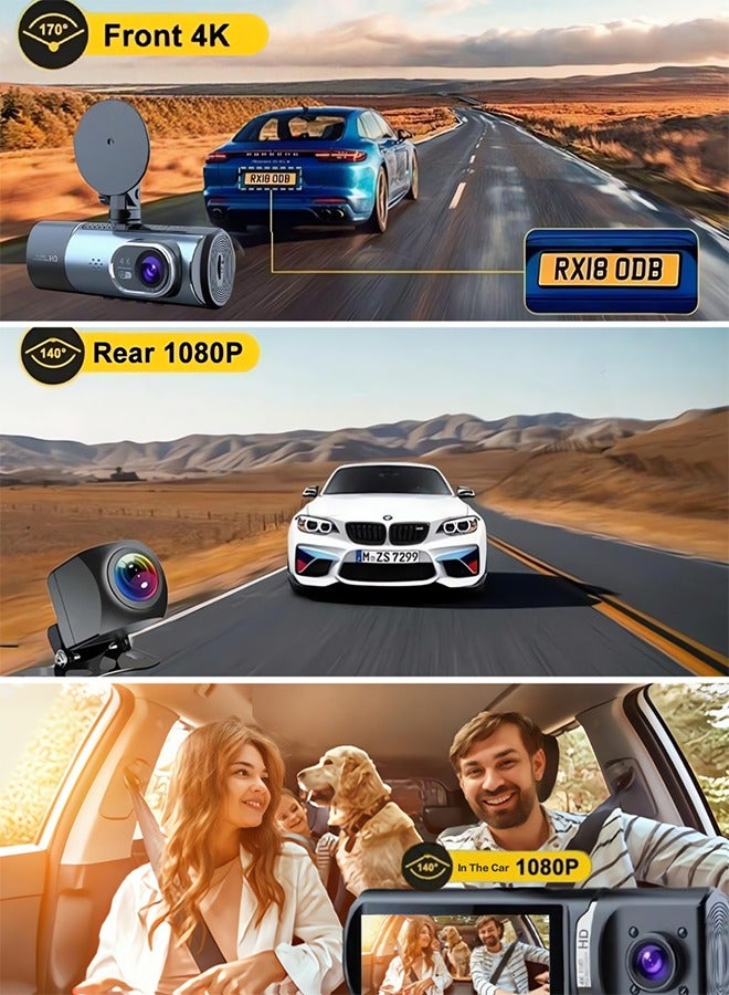 كاميرا DASH 4K واي فاي أمامية وخلفية, 2160P + 1080P + 1080P FHD, كاميرا ثلاثية القنوات للسيارات, كاميرا 360° لجميع الجهات, بطاقة SD بسعة 128 جيجابايت مجانية, مستشعر G, WDR, رؤية ليلية, مراقبة مواقف السيارات على مدار 24 ساعة. - Image 4