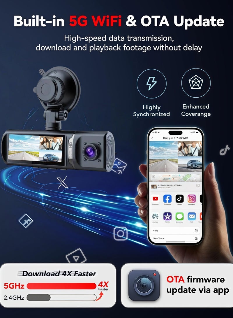 كاميرا DASH 4K واي فاي أمامية وخلفية, 2160P + 1080P + 1080P FHD, كاميرا ثلاثية القنوات للسيارات, كاميرا 360° لجميع الجهات, بطاقة SD بسعة 128 جيجابايت مجانية, مستشعر G, WDR, رؤية ليلية, مراقبة مواقف السيارات على مدار 24 ساعة. - Image 2