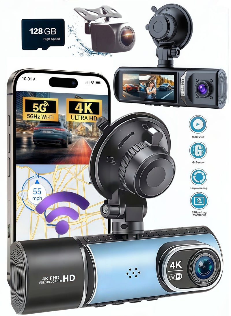 كاميرا DASH 4K واي فاي أمامية وخلفية, 2160P + 1080P + 1080P FHD, كاميرا ثلاثية القنوات للسيارات, كاميرا 360° لجميع الجهات, بطاقة SD بسعة 128 جيجابايت مجانية, مستشعر G, WDR, رؤية ليلية, مراقبة مواقف السيارات على مدار 24 ساعة. - Image 1