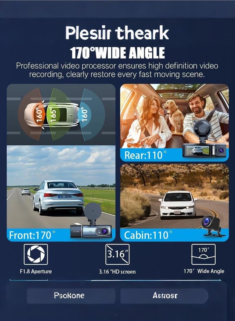 كاميرا DASH 4K واي فاي أمامية وخلفية, 2160P + 1080P + 1080P FHD, كاميرا ثلاثية القنوات للسيارات, كاميرا 360° لجميع الجهات, بطاقة SD بسعة 128 جيجابايت مجانية, مستشعر G, WDR, رؤية ليلية, مراقبة مواقف السيارات على مدار 24 ساعة. - Image 3