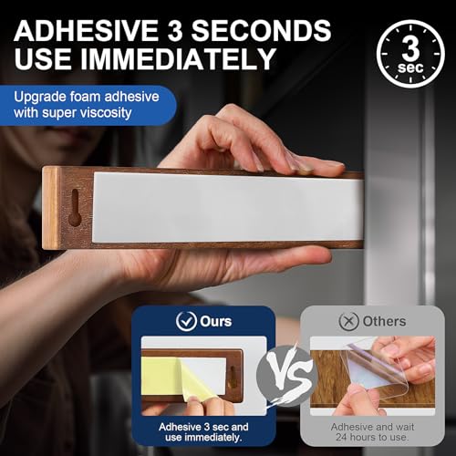 ENOKING Magnetic Knife Holder for Wall, 10 Inch Powerful Magnetic Knife Holder for Refrigerator, Knife Magnetic Strip No Drilling Acacia Wood Wall Knife Holder Magnet Magnetic Knife Bar with 2 Hooks - Image 2