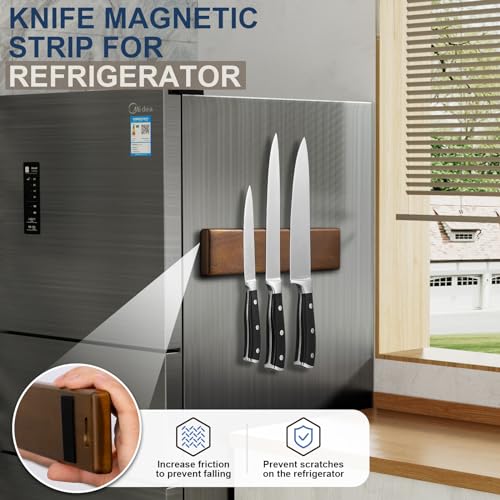 ENOKING Magnetic Knife Holder for Wall, 10 Inch Powerful Magnetic Knife Holder for Refrigerator, Knife Magnetic Strip No Drilling Acacia Wood Wall Knife Holder Magnet Magnetic Knife Bar with 2 Hooks - Image 4