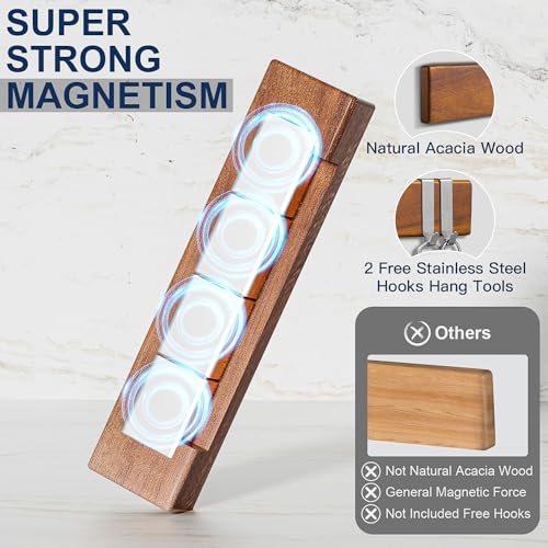 ENOKING Magnetic Knife Holder for Wall, 10 Inch Powerful Magnetic Knife Holder for Refrigerator, Knife Magnetic Strip No Drilling Acacia Wood Wall Knife Holder Magnet Magnetic Knife Bar with 2 Hooks - Image 3