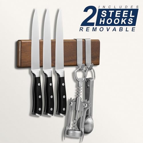 ENOKING Magnetic Knife Holder for Wall, 10 Inch Powerful Magnetic Knife Holder for Refrigerator, Knife Magnetic Strip No Drilling Acacia Wood Wall Knife Holder Magnet Magnetic Knife Bar with 2 Hooks - Image 5