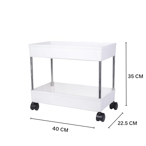 PULSBERY Multipurpose Plastic Trolley with Dish Rack for Kitchen Fruit Vegetable Storage Basket Modern Organizer - 2 Layer Stackable Shelf Cart Kitchenware Food, Snacks, Toys, Tiered Shelf (White) - Image 3