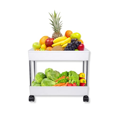 PULSBERY Multipurpose Plastic Trolley with Dish Rack for Kitchen Fruit Vegetable Storage Basket Modern Organizer - 2 Layer Stackable Shelf Cart Kitchenware Food, Snacks, Toys, Tiered Shelf (White) - Image 1