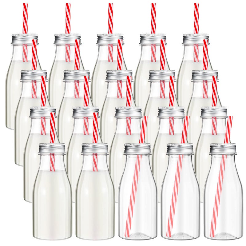 Yinkin 20 Set Plastic Milk Bottles with Straws Metal Lids Clear Plastic Containers for Dairy Milk Party Bottle for Juices Shakes Smoothies8 ozRed White
