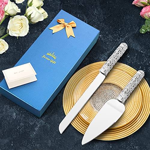 Jozen Gift Wedding Silver Cake Knife and Server Set - 2 Pcs Dessert Set Metal Handle with Crystal Stones Decoration for Wedding, Anniversary Party Birthday Banquets, Gifts for Bride and Groom - Image 4