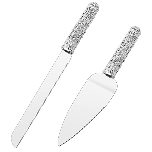 Jozen Gift Wedding Silver Cake Knife and Server Set - 2 Pcs Dessert Set Metal Handle with Crystal Stones Decoration for Wedding, Anniversary Party Birthday Banquets, Gifts for Bride and Groom - Image 2
