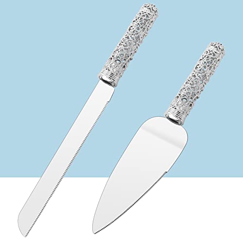 Jozen Gift Wedding Silver Cake Knife and Server Set - 2 Pcs Dessert Set Metal Handle with Crystal Stones Decoration for Wedding, Anniversary Party Birthday Banquets, Gifts for Bride and Groom - Image 1
