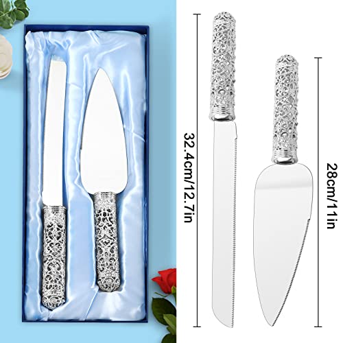Jozen Gift Wedding Silver Cake Knife and Server Set - 2 Pcs Dessert Set Metal Handle with Crystal Stones Decoration for Wedding, Anniversary Party Birthday Banquets, Gifts for Bride and Groom - Image 3