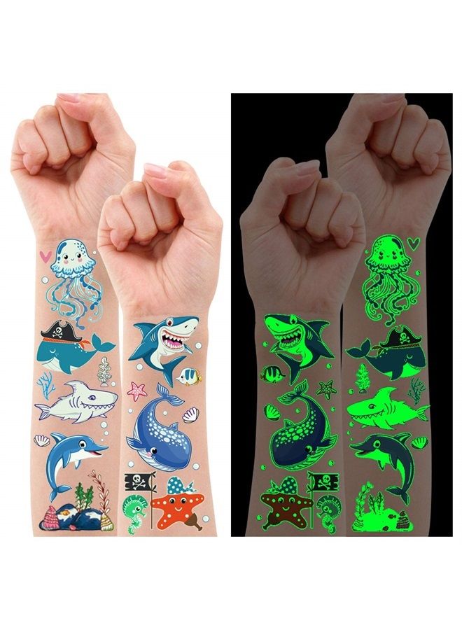 Partywind 130 Styles Luminous Shark Temporary Tattoos for Kids, Glow Shark Birthday Decorations Party Favors Supplies for Boys and Girls, Ocean Under Sea Fake Tattoo Stickers Gifts (10 Sheets) - Image 1