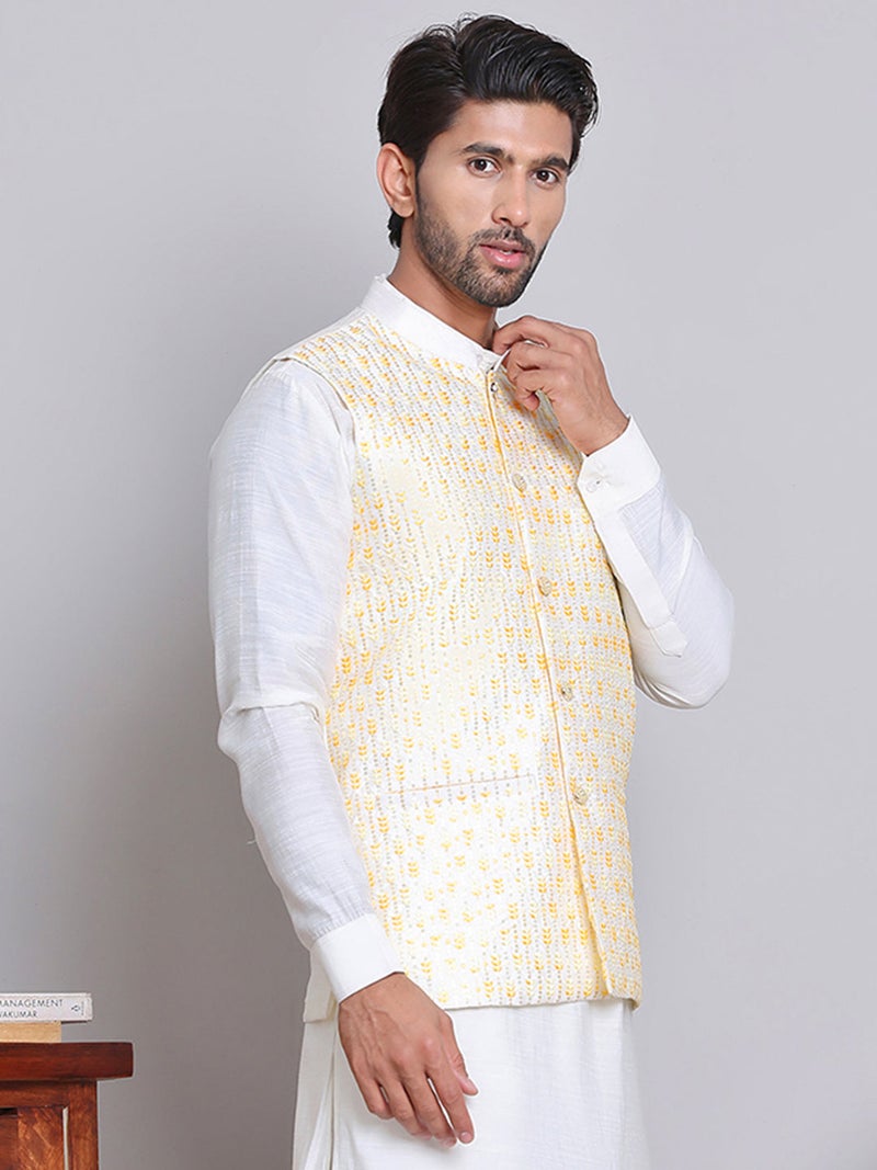 NOZ2TOZ Embroidered Nehru Jacket for Men - Yellow - Image 2