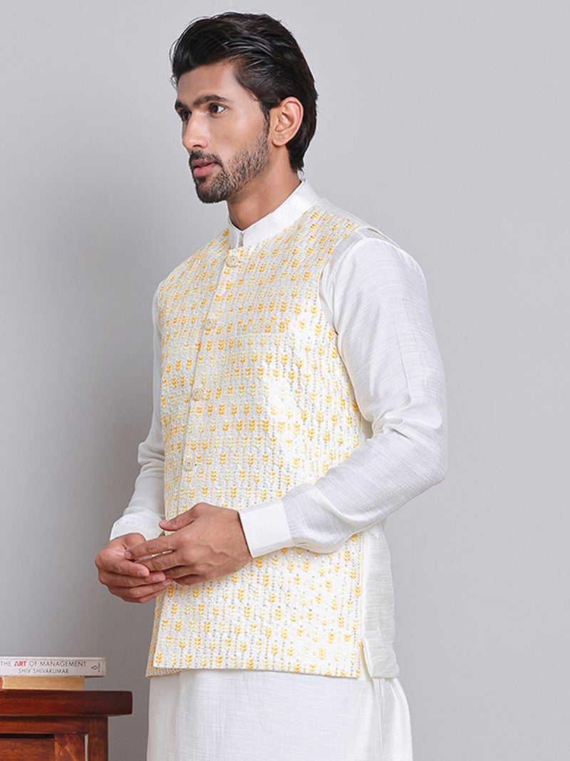 NOZ2TOZ Embroidered Nehru Jacket for Men - Yellow - Image 4