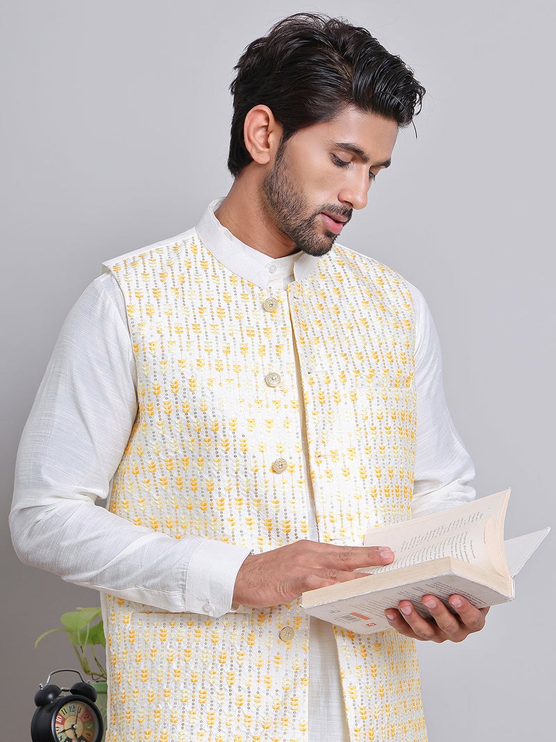 NOZ2TOZ Embroidered Nehru Jacket for Men - Yellow - Image 1