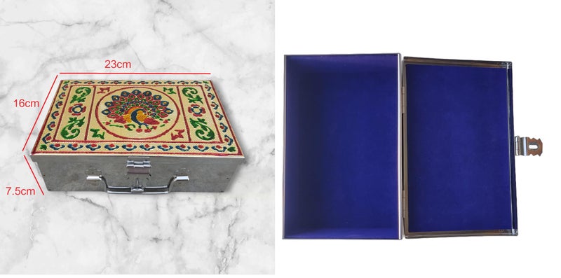 GinoSet® Stainless Steel Storage Box, Cash Box, Pooja Peti, Organizer, Vanity Storage Box, Jewellery Safe Bank Locker, Cash Box With Handicrafts Digital Meena Kari Design (Blue, 9 Inch) - Image 5