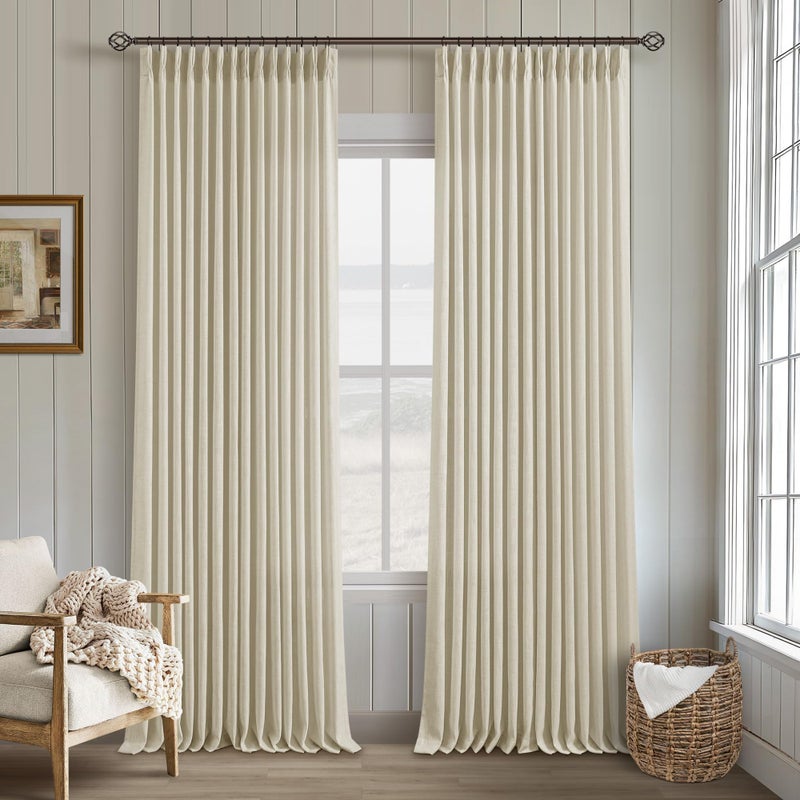 TWODRAPES Beige Linen Pinch Pleated 120 Inch Curtains 2 Panels for Living Room Bedroom Memory Training Shape Semi Sheer Neutral Flax Pinch Pleat Drapes with Hooks Rings Light Filtering Window Curtain 40x120 - Image 1