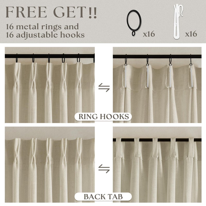 TWODRAPES Beige Linen Pinch Pleated 120 Inch Curtains 2 Panels for Living Room Bedroom Memory Training Shape Semi Sheer Neutral Flax Pinch Pleat Drapes with Hooks Rings Light Filtering Window Curtain 40x120 - Image 5