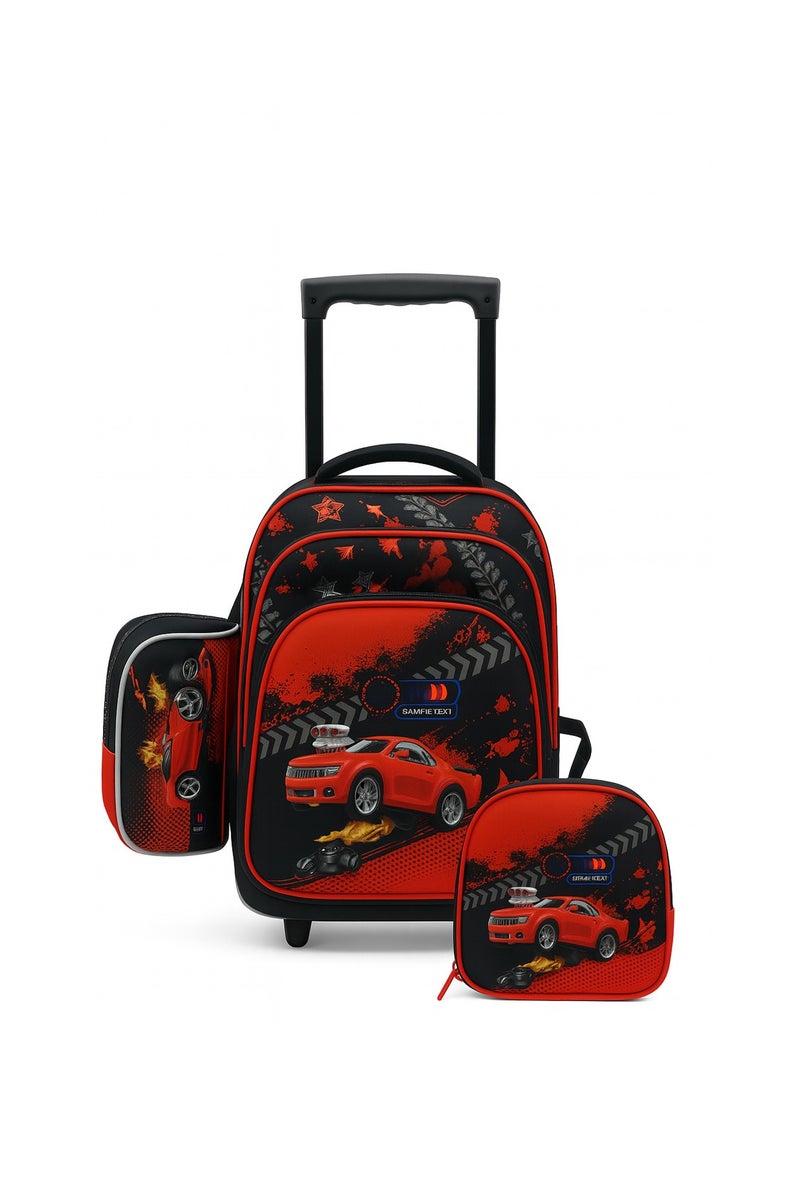 مجموعة شنطة مدرسية فاخرة بعجلات للأطفال – 3 قطع (شنطة بعجلات + حقيبة طعام + مقلمة) – تصميم عصري للبنات والأولاد - Image 1