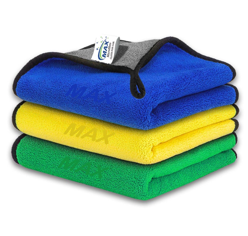 MAX Microfiber Cloth for Car Cleaning (600 GSM, Pack of 3, 40x40 cm, Multi-Colour) Double Sided, High Density, Thick Plush Towel for Car Detailing, Cleaning, Washing and Polishing - Image 1