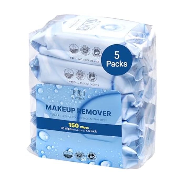 tenzero Retinol Collagen Cleansing Wipes 150 Wipes (30 x 5 Packs), Makeup Remover, Facial Towelettes, Deep Cleansing, Hydrating, Nourishing with Retinol, Collagen, Hypoallergenic, All Skin Types - Image 1