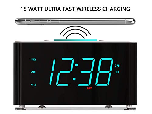 Emerson ER100401 Smartset 15Watt Ultra Fast Wireless Charging Dual Alarm Clock Radio with Bluetooth Speaker, USB Charger, Cyan LED Night Light and 1.4" Display - Image 3