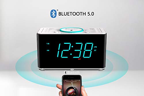 Emerson ER100401 Smartset 15Watt Ultra Fast Wireless Charging Dual Alarm Clock Radio with Bluetooth Speaker, USB Charger, Cyan LED Night Light and 1.4" Display - Image 5