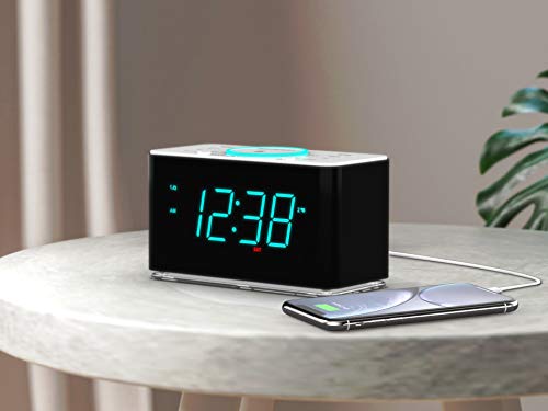 Emerson ER100401 Smartset 15Watt Ultra Fast Wireless Charging Dual Alarm Clock Radio with Bluetooth Speaker, USB Charger, Cyan LED Night Light and 1.4" Display - Image 2