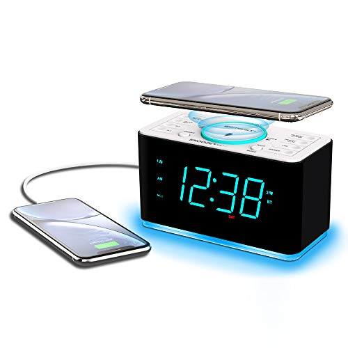 Emerson ER100401 Smartset 15Watt Ultra Fast Wireless Charging Dual Alarm Clock Radio with Bluetooth Speaker, USB Charger, Cyan LED Night Light and 1.4" Display - Image 1