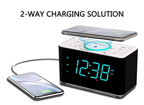 Emerson ER100401 Smartset 15Watt Ultra Fast Wireless Charging Dual Alarm Clock Radio with Bluetooth Speaker, USB Charger, Cyan LED Night Light and 1.4" Display - Image 4