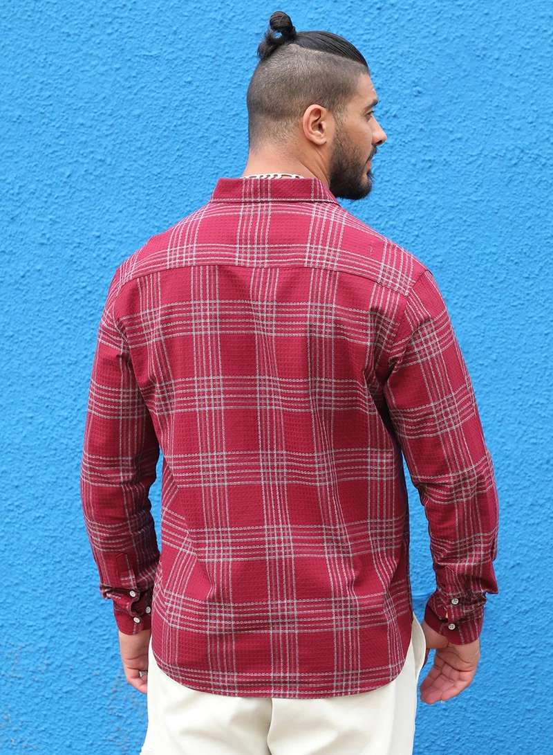 Instafab Plus Instafab Plus Men's Maroon Red Chalk Tartan Plaid Shirt For Casual Wear | Spread Collar | Long Sleeve | Button Closure | Cotton Blend Shirt Crafted With Comfort Fit For Everyday Wear