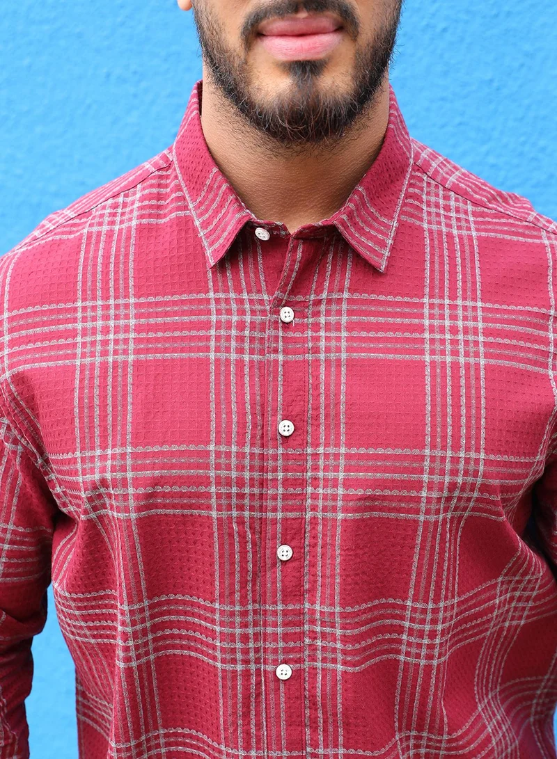 Instafab Plus Instafab Plus Men's Maroon Red Chalk Tartan Plaid Shirt For Casual Wear | Spread Collar | Long Sleeve | Button Closure | Cotton Blend Shirt Crafted With Comfort Fit For Everyday Wear