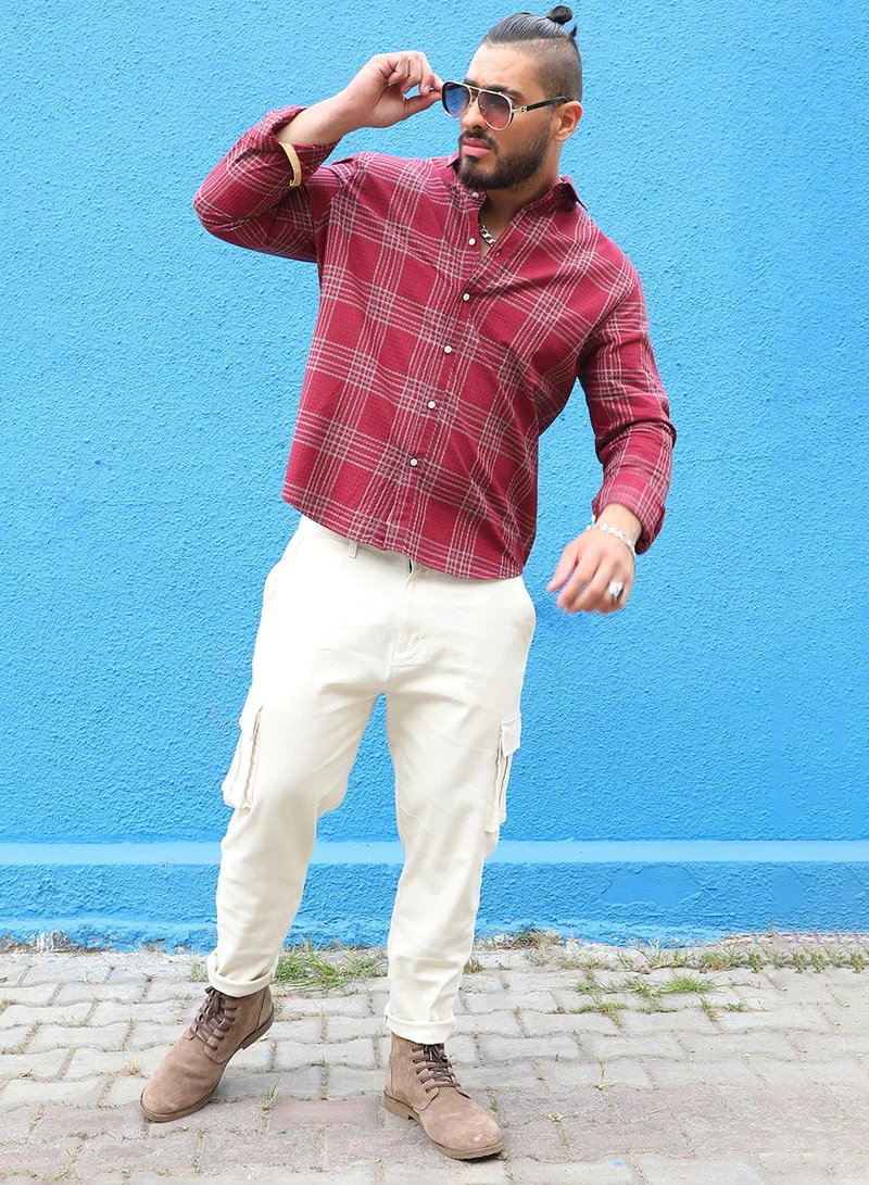Instafab Plus Instafab Plus Men's Maroon Red Chalk Tartan Plaid Shirt For Casual Wear | Spread Collar | Long Sleeve | Button Closure | Cotton Blend Shirt Crafted With Comfort Fit For Everyday Wear