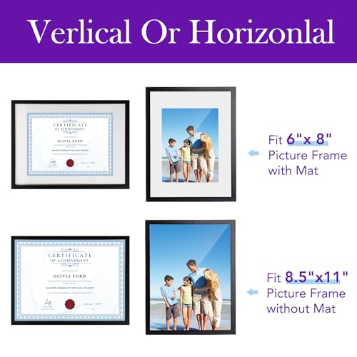 TWING 1PACK 8.5 x 11 Picture Frame For Certificate, Diploma, Display photos 6x8 with Mat or 8.5x11 Without Mat, Black Document Frames for Wall Mount or Tabletop Composite Wood - Image 3