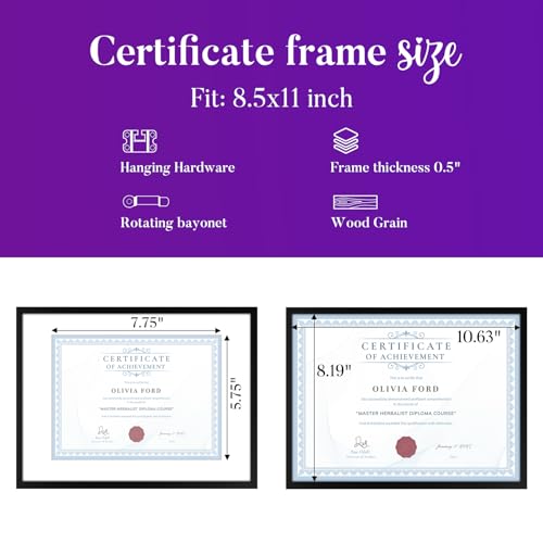 TWING 1PACK 8.5 x 11 Picture Frame For Certificate, Diploma, Display photos 6x8 with Mat or 8.5x11 Without Mat, Black Document Frames for Wall Mount or Tabletop Composite Wood - Image 2