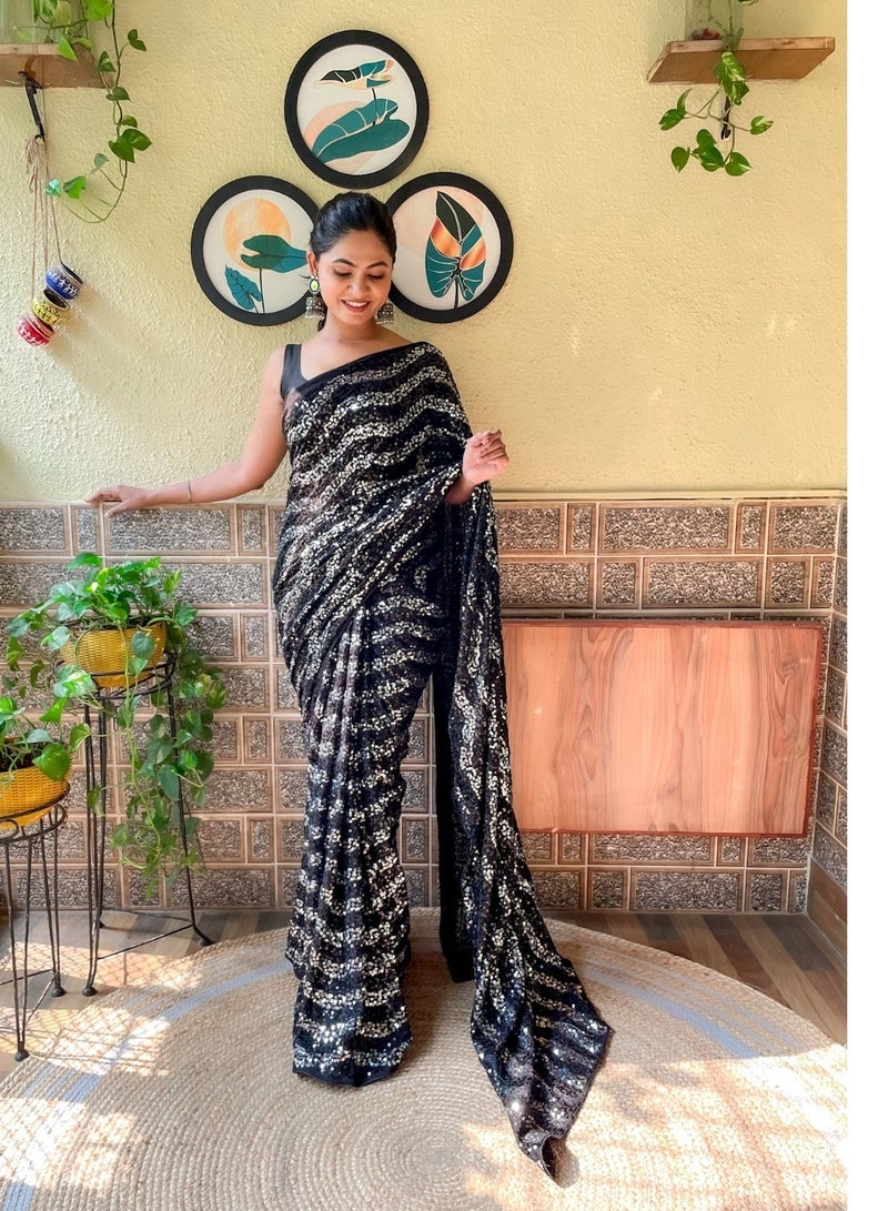 Grab Mantra Georgette Black Saree With Silver Sequence Work Plus Unstitched Blouse  - Image 2
