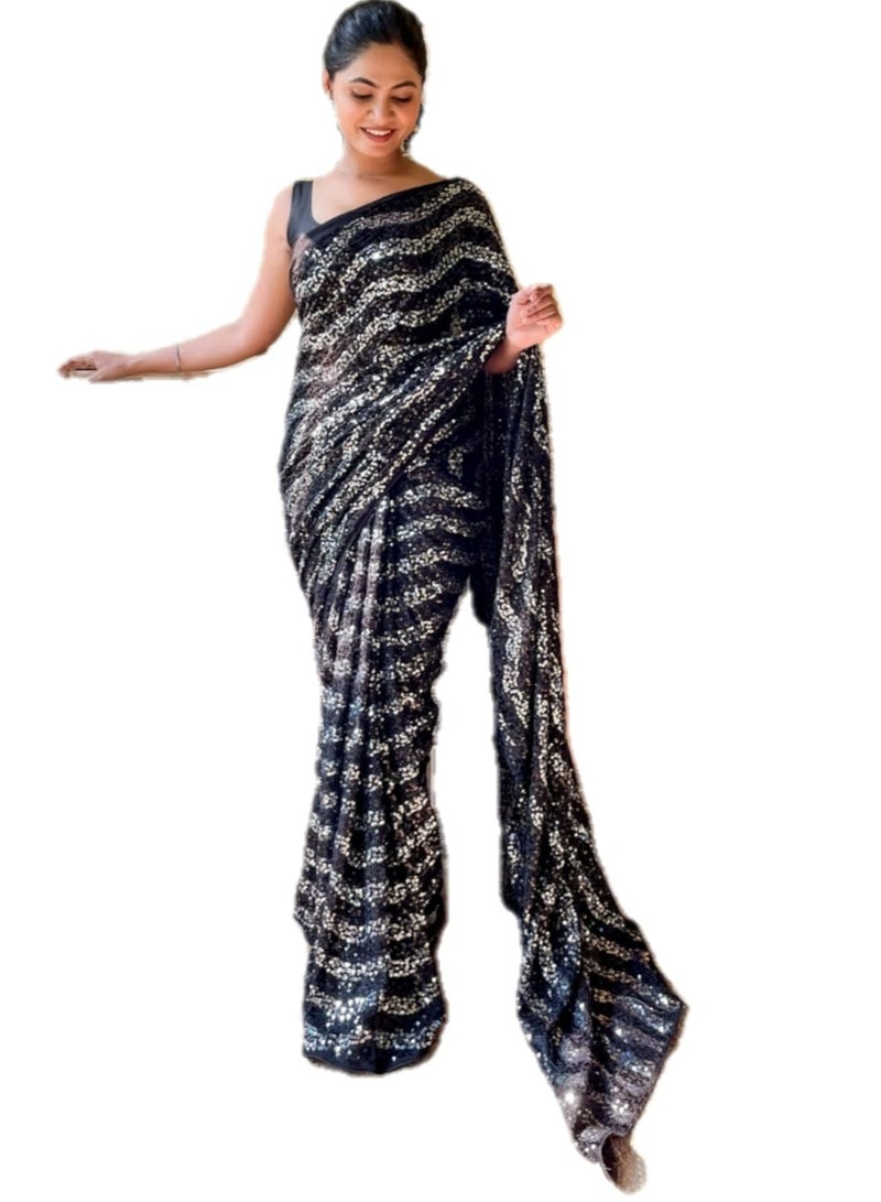 Grab Mantra Georgette Black Saree With Silver Sequence Work Plus Unstitched Blouse  - Image 1