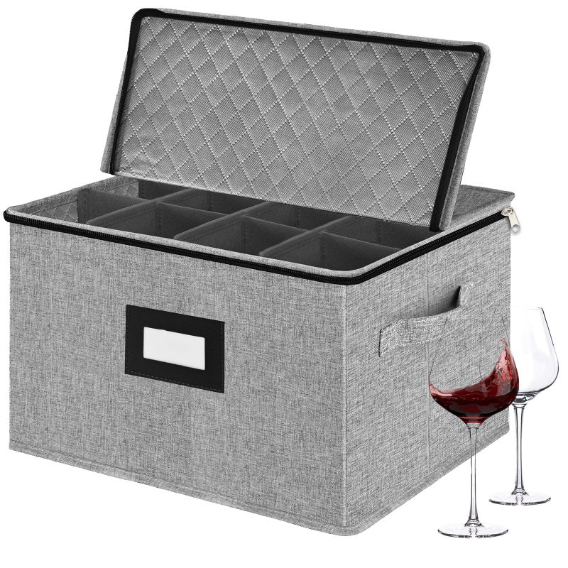 VERONLY Stemware Storage CasesQuilted Wine glass Storage Boxes with DividerChina Storage Containers Hard Shell Holds 12 Wine Glass or Crystal Glassware Storage Containers Stackable Light Grey - Image 2