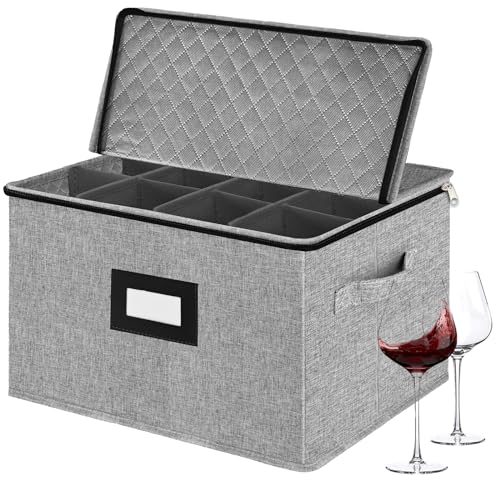 VERONLY Stemware Storage CasesQuilted Wine glass Storage Boxes with DividerChina Storage Containers Hard Shell Holds 12 Wine Glass or Crystal Glassware Storage Containers Stackable Light Grey - Image 1