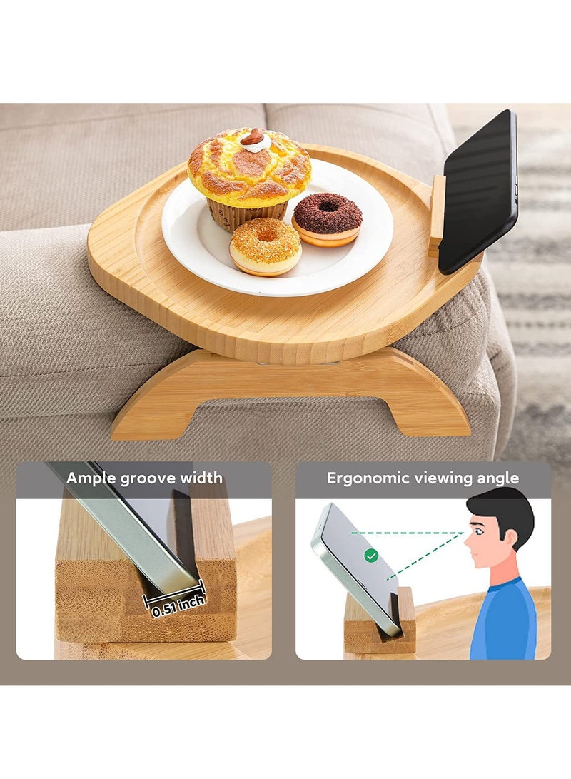 Bamboo Sofa Tray Table Clip on Side Table Couch Arm with 360° Rotating Phone Holder Couch Tray for Arm Sofa Table for Eating Drinks Snacks Remote Control - Image 3