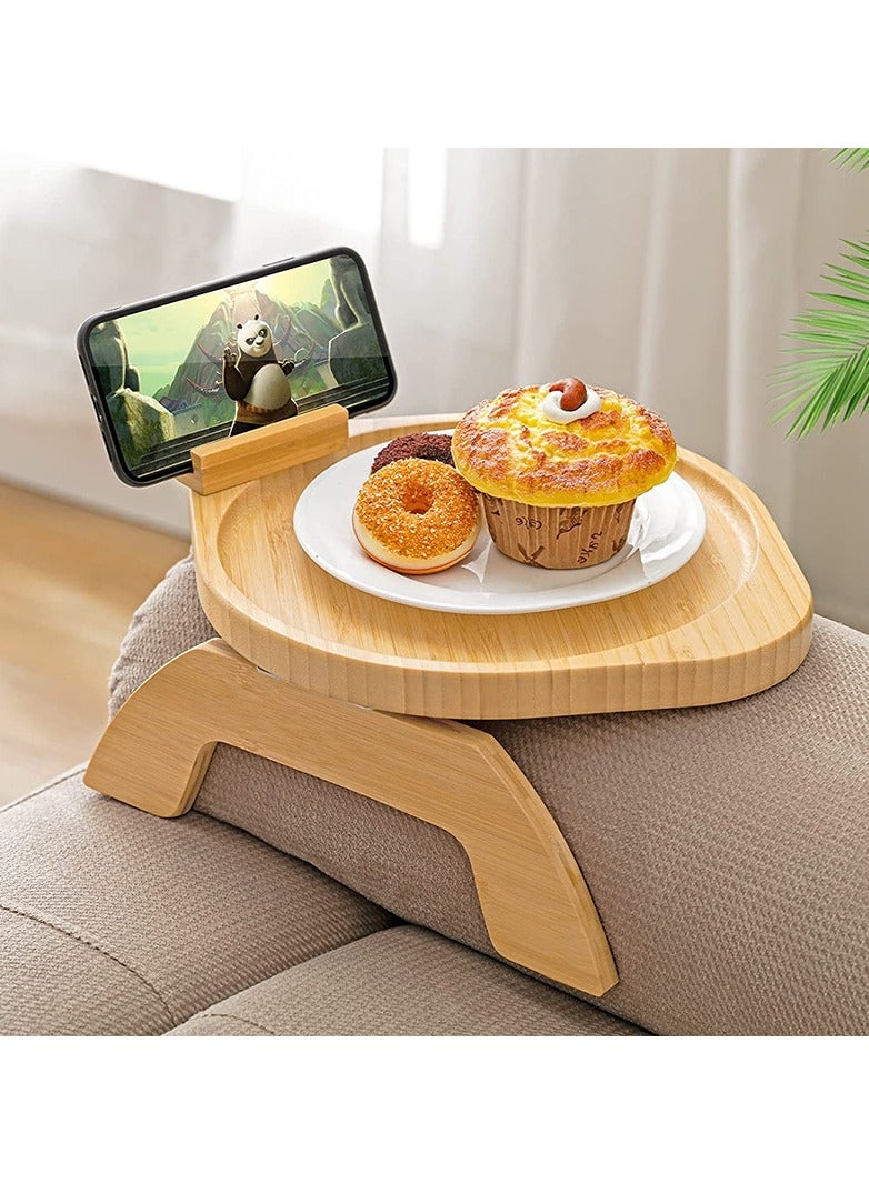 Bamboo Sofa Tray Table Clip on Side Table Couch Arm with 360° Rotating Phone Holder Couch Tray for Arm Sofa Table for Eating Drinks Snacks Remote Control - Image 1