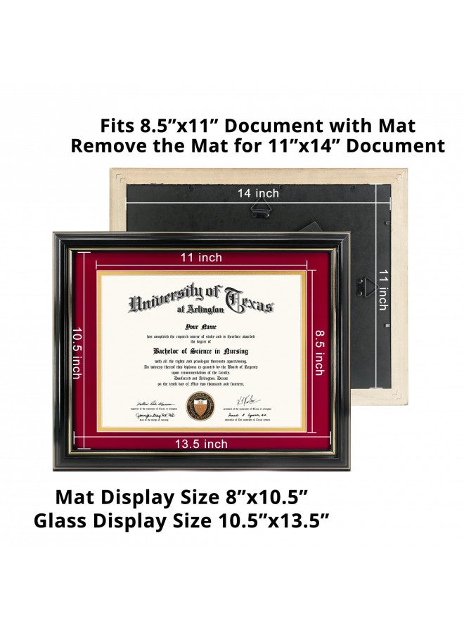 GraduationMall GraduationMall 8.5x11 Diploma Frame with Red over Gold Mat or Display 11x14 Certificate without Mat,Solid Wood & UV Protection Acrylic,Glossy Black Finish with Gold Trim  - Image 2