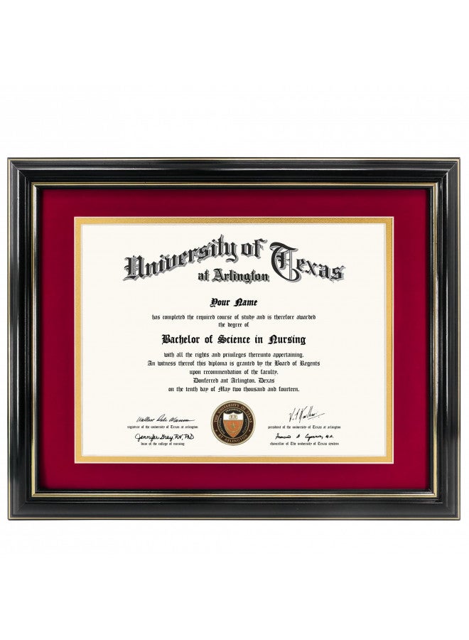 GraduationMall GraduationMall 8.5x11 Diploma Frame with Red over Gold Mat or Display 11x14 Certificate without Mat,Solid Wood & UV Protection Acrylic,Glossy Black Finish with Gold Trim  - Image 1