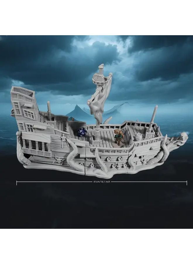 سفينة أشباح مصغرة مشهد ليلي ضبابي مخيف هيكل عظمي تحت ضوء القمر زنزانات وتنانين لعبة - Image 3