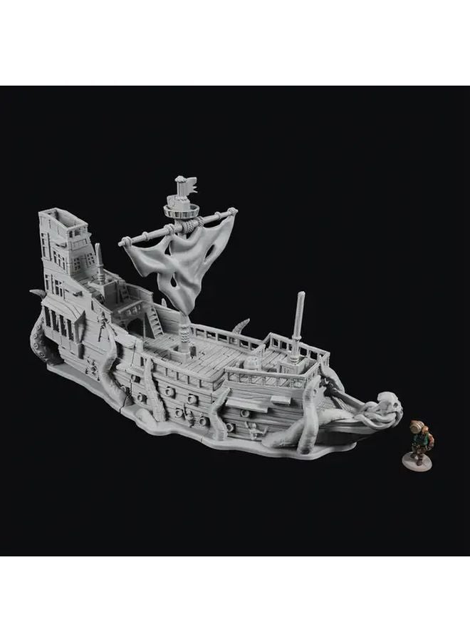 سفينة أشباح مصغرة مشهد ليلي ضبابي مخيف هيكل عظمي تحت ضوء القمر زنزانات وتنانين لعبة - Image 5