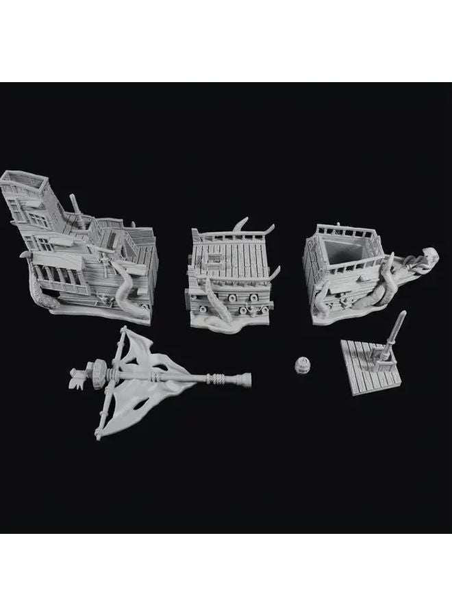 سفينة أشباح مصغرة مشهد ليلي ضبابي مخيف هيكل عظمي تحت ضوء القمر زنزانات وتنانين لعبة - Image 1