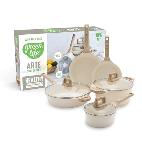 GreenLife 8 Piece Ceramic Nonstick Cookware Set, Induction Suitable Non Toxic PFAS-Free Pots & Pans, Dishwasher Safe, Cooking Set, Stock Pot, Saucepans & Frying Pans, Kitchen Cooking, Granite Cream - Image 1